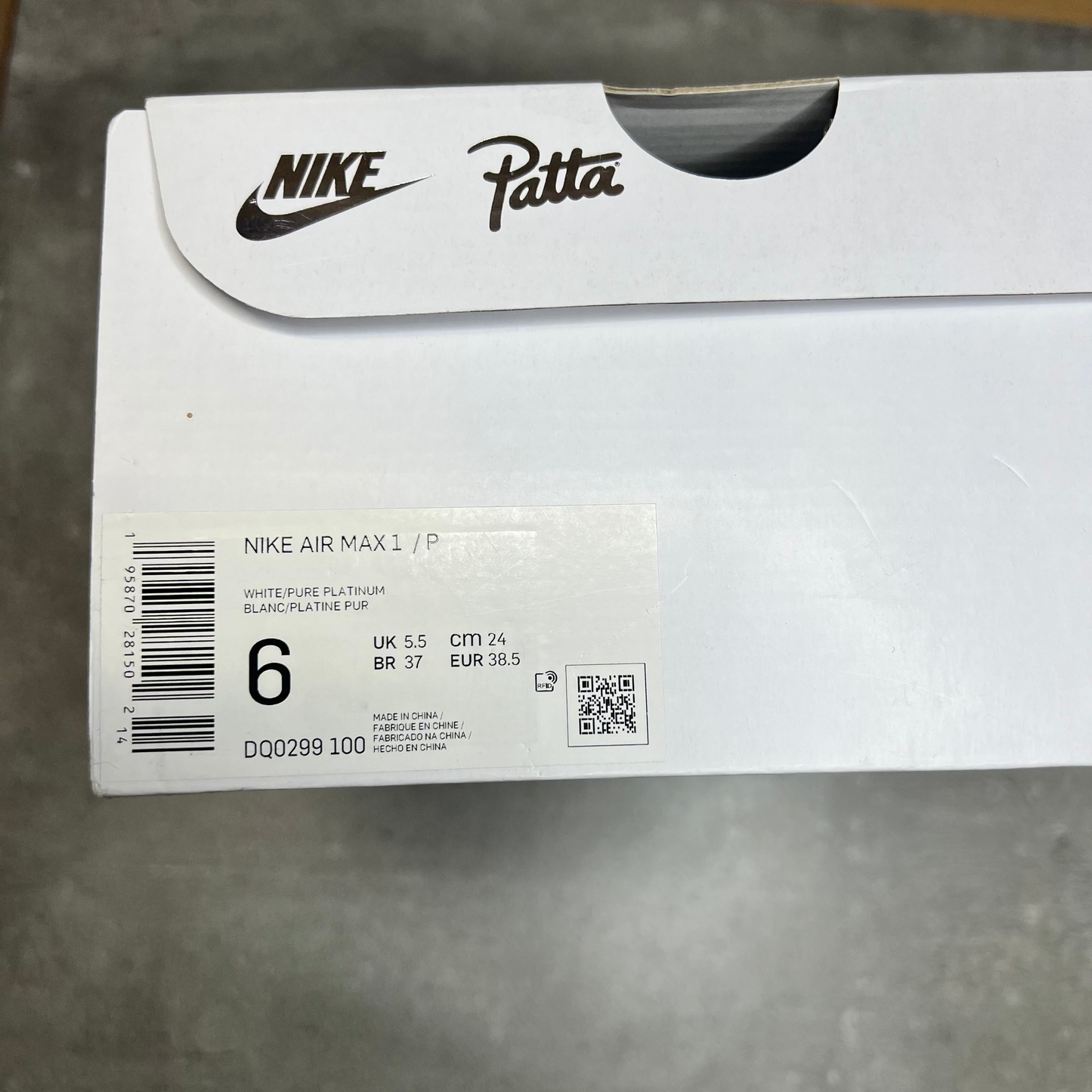 Air Max 1 Patta White (38.5EU)